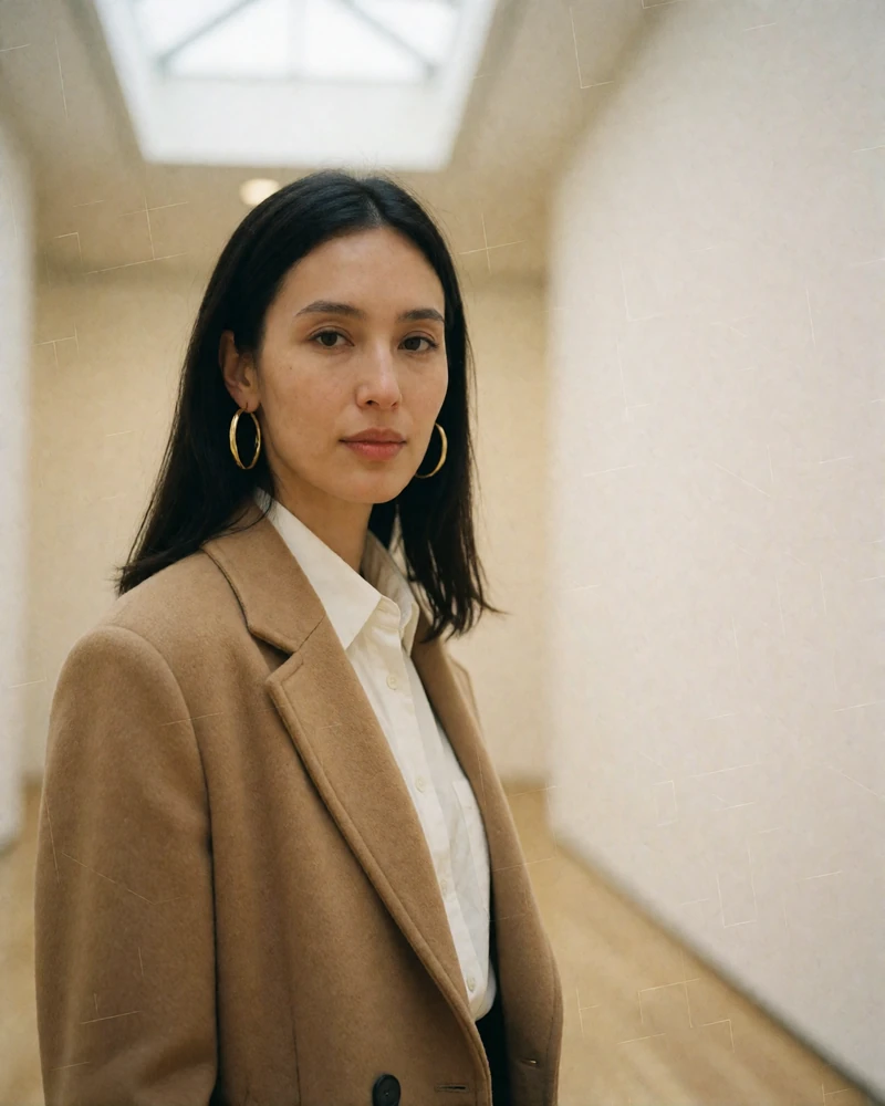 Kyrgyz woman in a camel coat standing in a bright contemporary art gallery corridor, illustrating a photo-verified Kyrgyz dating profile