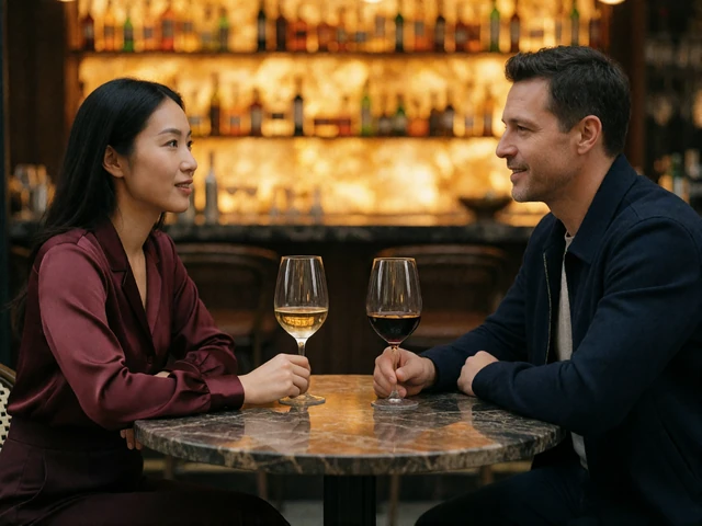 Asian woman in a burgundy blouse and a man in a navy jacket in relaxed conversation at a marble wine-bar table