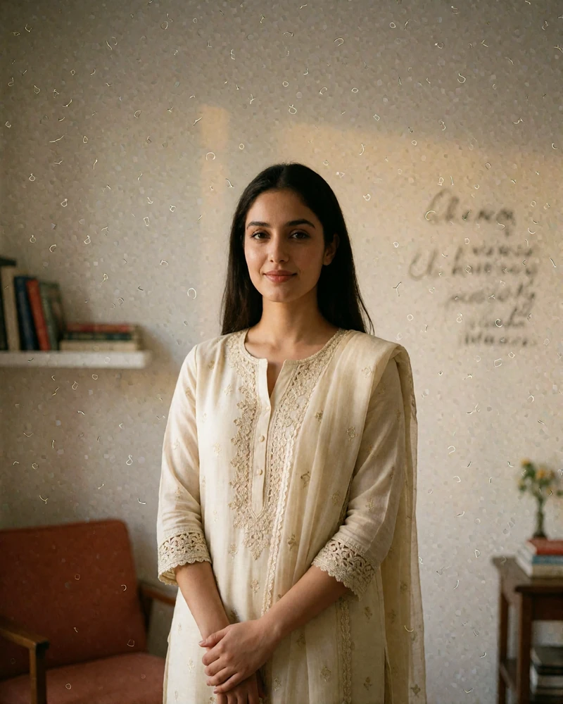 Pakistani woman in a cream kameez standing in a bright interior, an example of a photo-verified Pakistani dating profile