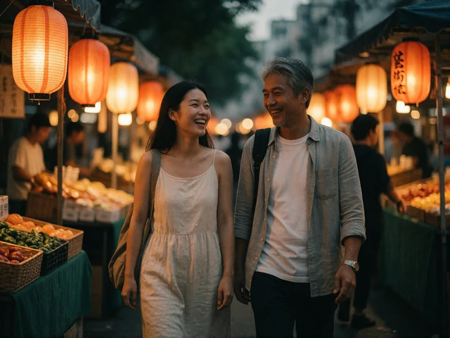 Asian woman and an older partner walking and laughing together through a lantern-lit evening market street