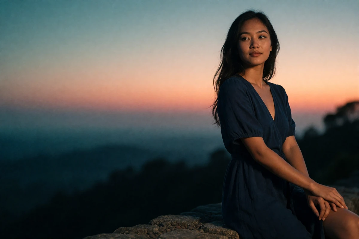 Southeast Asian woman in a navy dress standing on a hilltop lookout at dusk, evening lifestyle photography for Asian dating