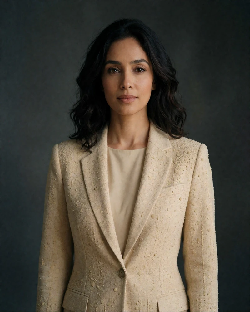 Maldivian woman in a tailored sand-colored blazer against a neutral studio backdrop, example of a verified dating profile photo