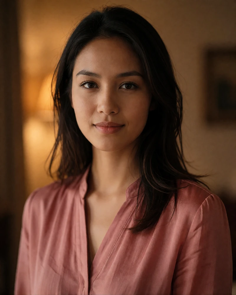 Malaysian woman in a rose blouse smiling gently in a warmly lit portrait, an example of a photo-verified Malaysian dating profile