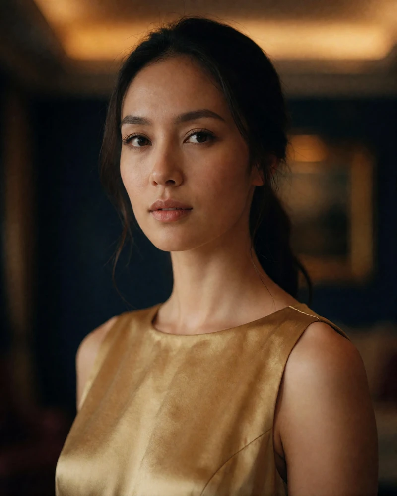 Indonesian woman in a muted gold evening dress, portrait in a dark upscale interior, illustrating a verified Indonesian dating profile
