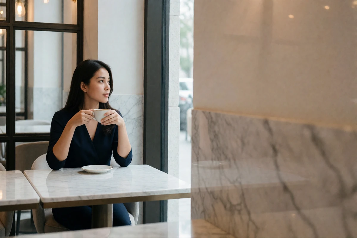 Cambodian woman holding a small cup at a marble café table beside a window, illustrating everyday Cambodian dating profile photography