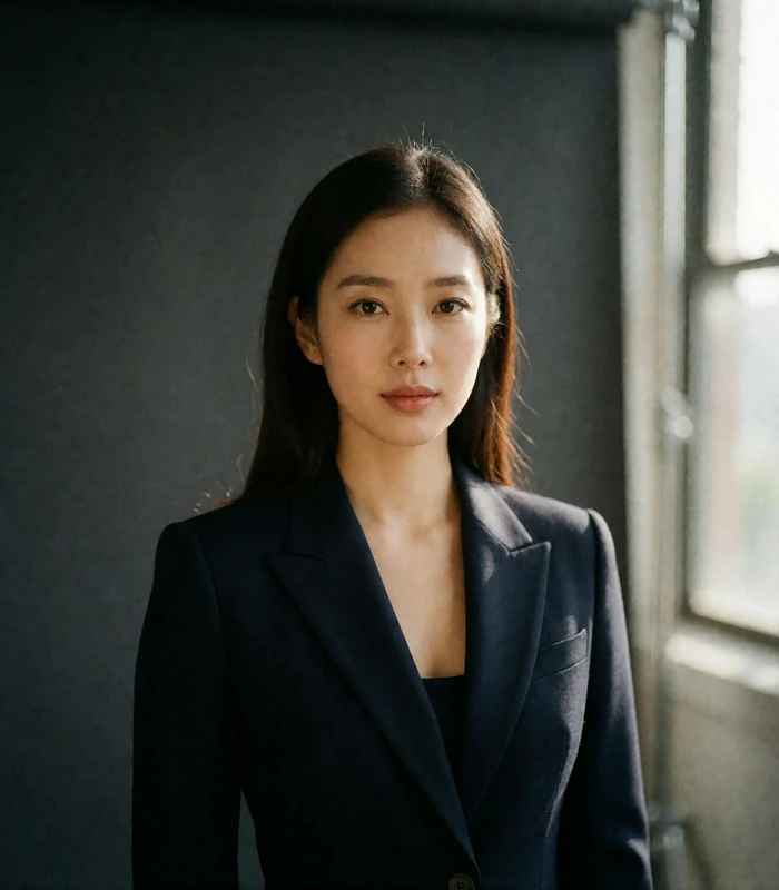 Korean woman in a fitted navy blazer against a plain dark backdrop, poised expression, illustrating a professional profile portrait