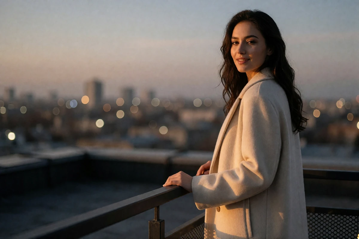 Turkmen woman in a cream coat on a rooftop terrace at dusk, evening lifestyle photography for Turkmen dating