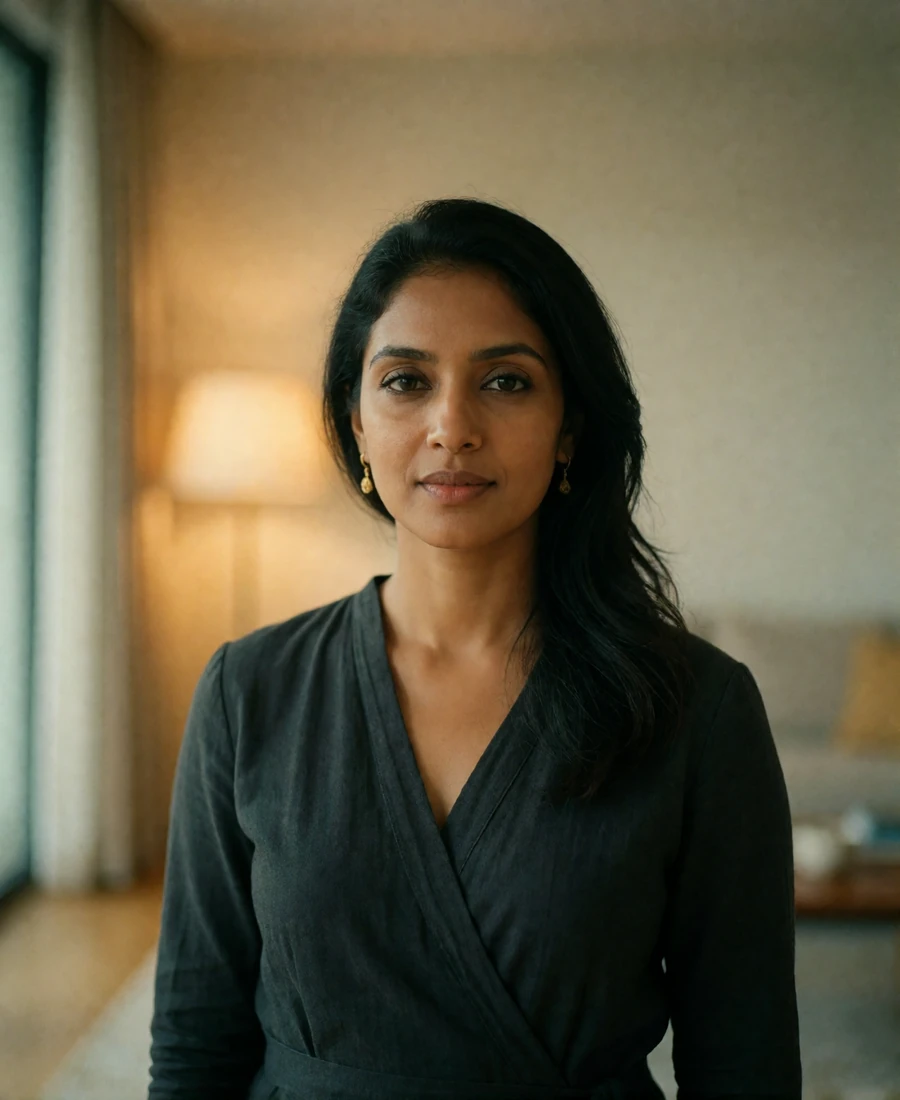 Poised Sri Lankan woman in a charcoal wrap blouse in a bright contemporary Colombo apartment, an example of a verified dating profile portrait