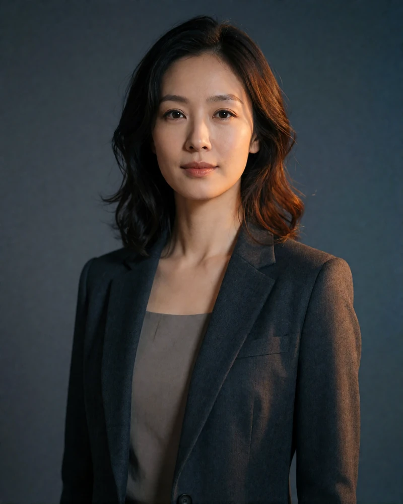 Chinese woman in a tailored charcoal blazer standing against a plain grey studio backdrop
