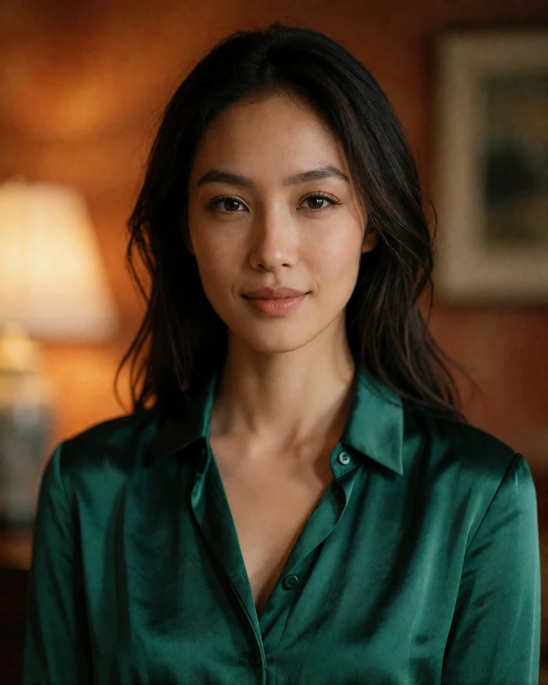 Indonesian woman in an emerald silk blouse, head-and-shoulders portrait, an example of a photo-verified Indonesian dating profile