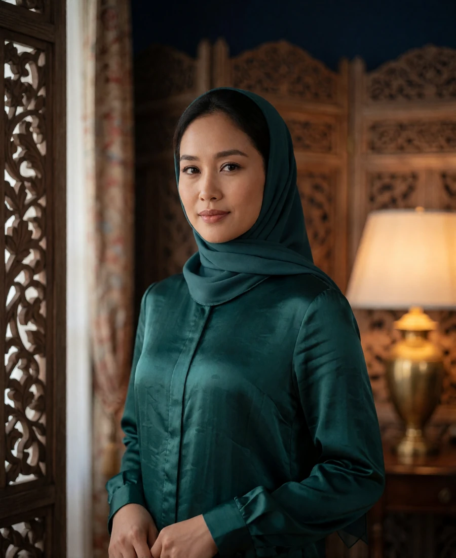 Poised Bruneian woman in a modest emerald silk blouse and headscarf in a warmly lit interior with carved wooden screens