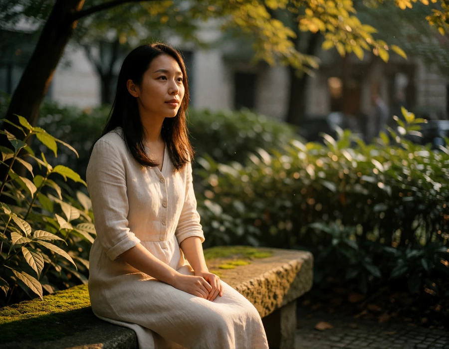 Asian woman in a linen dress listening attentively while seated on a stone bench in a quiet urban garden