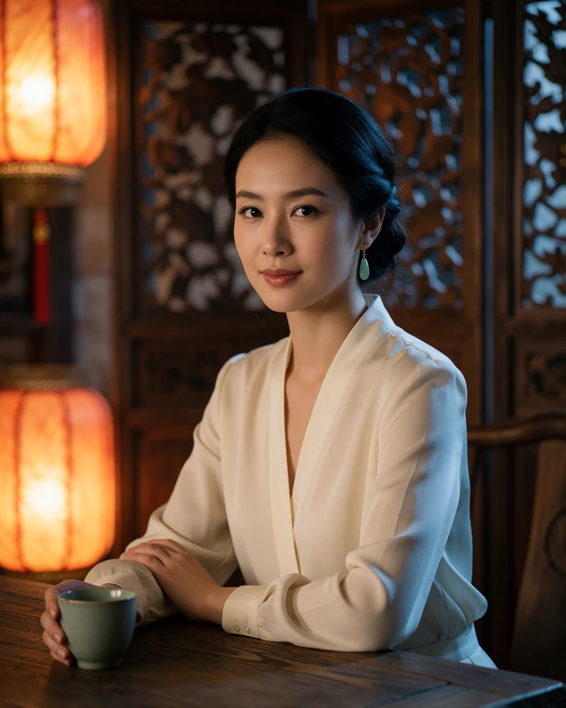 Chinese woman with jade earrings seated at a wooden table in a warmly lit traditional teahouse