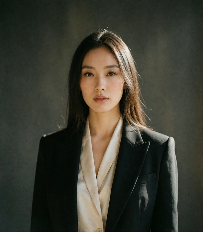 Mongolian woman in a structured black blazer against a plain dark studio backdrop, a verified Mongolian dating profile