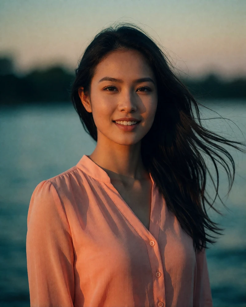 Cambodian woman in a pale coral blouse by a riverside at dusk, relaxed portrait illustrating a verified Khmer dating profile