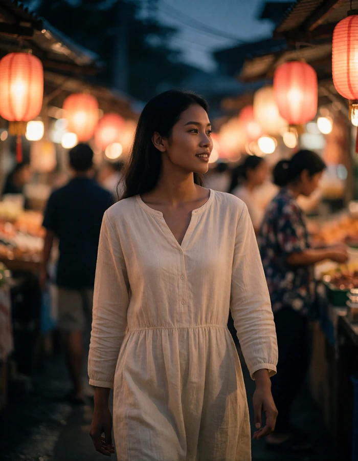 Bruneian woman in a modest cream long-sleeved dress walking through a softly lit evening market lane, an example of a verified dating profile