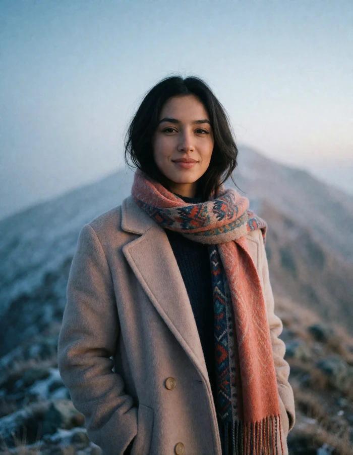 Tajik woman in a wool coat and scarf on a mountain overlook in cool morning light, an example of a photo-verified Tajik dating profile