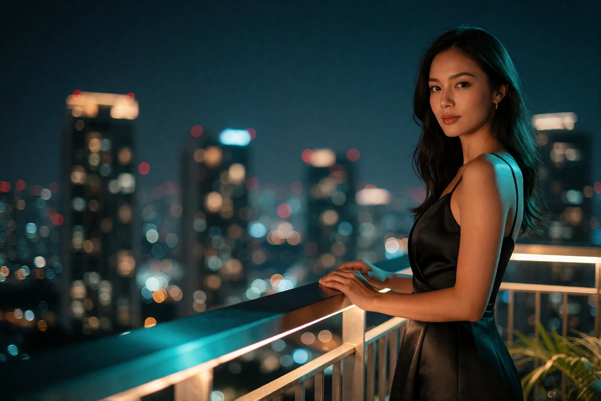Malaysian woman in an elegant black dress at a sky bar railing above a city skyline at night, evening lifestyle photography for Malaysian dating