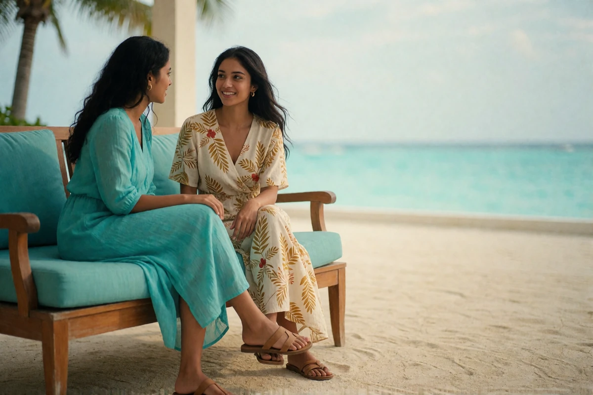 Two Maldivian women in conversation on a shaded resort terrace beside a turquoise lagoon