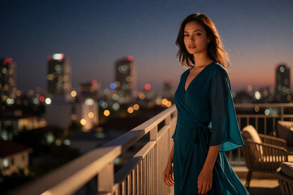 Cambodian woman in a teal wrap dress at a rooftop lounge railing above a city skyline at dusk, evening lifestyle photography for Cambodian dating