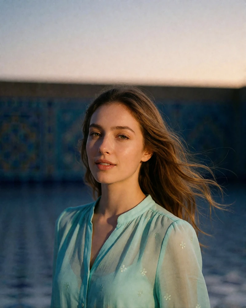 Uzbek woman in a pale turquoise blouse in a tiled courtyard at dusk