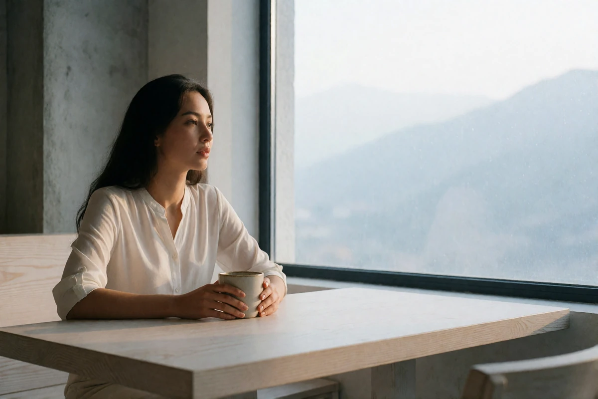 Kazakh woman sitting beside a bright cafe window with softly suggested mountain light beyond it