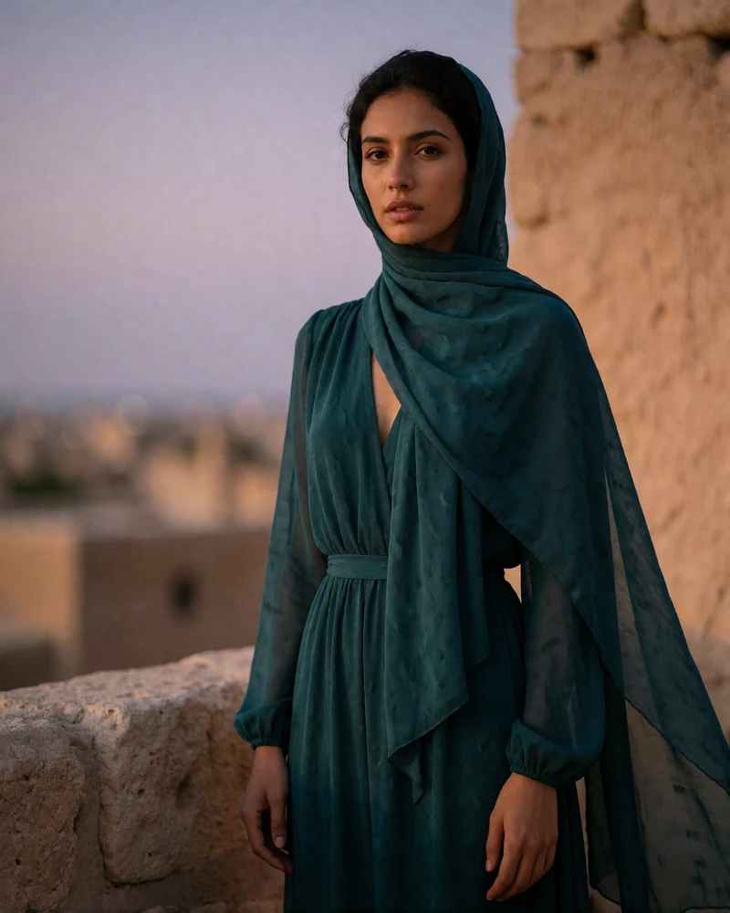 Yemeni woman in a deep teal dress standing on a stone terrace at dusk with distant rooftops behind her
