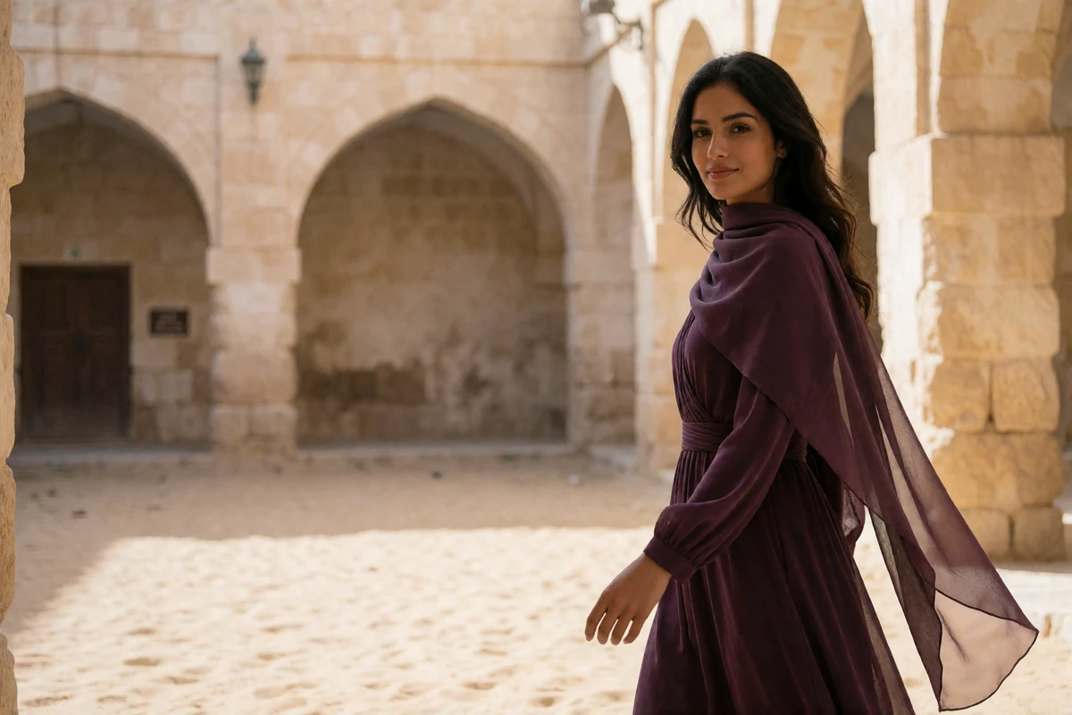 Yemeni woman in an elegant plum dress walking through a sunlit sandstone courtyard, illustrating an everyday verified dating profile photo
