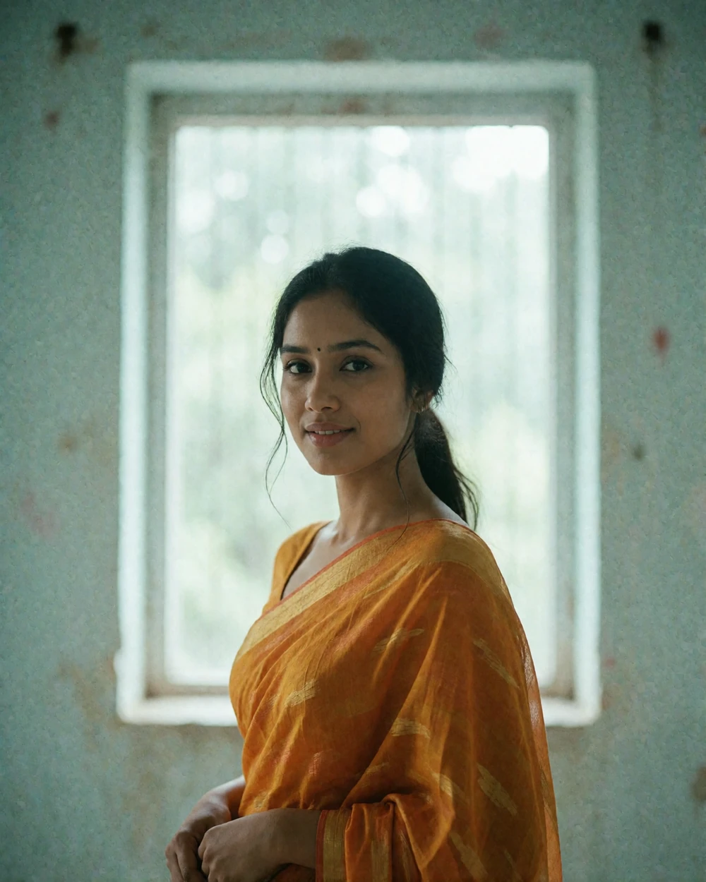 Bangladeshi woman in a softly draped saffron sari standing near a bright window, an example of a verified Bangladeshi dating profile portrait