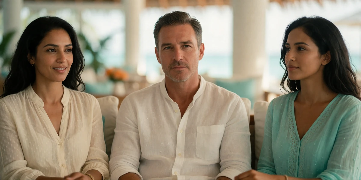 Three members in a relaxed resort lounge conversation, illustrating everyday interactions on a Maldivian dating platform