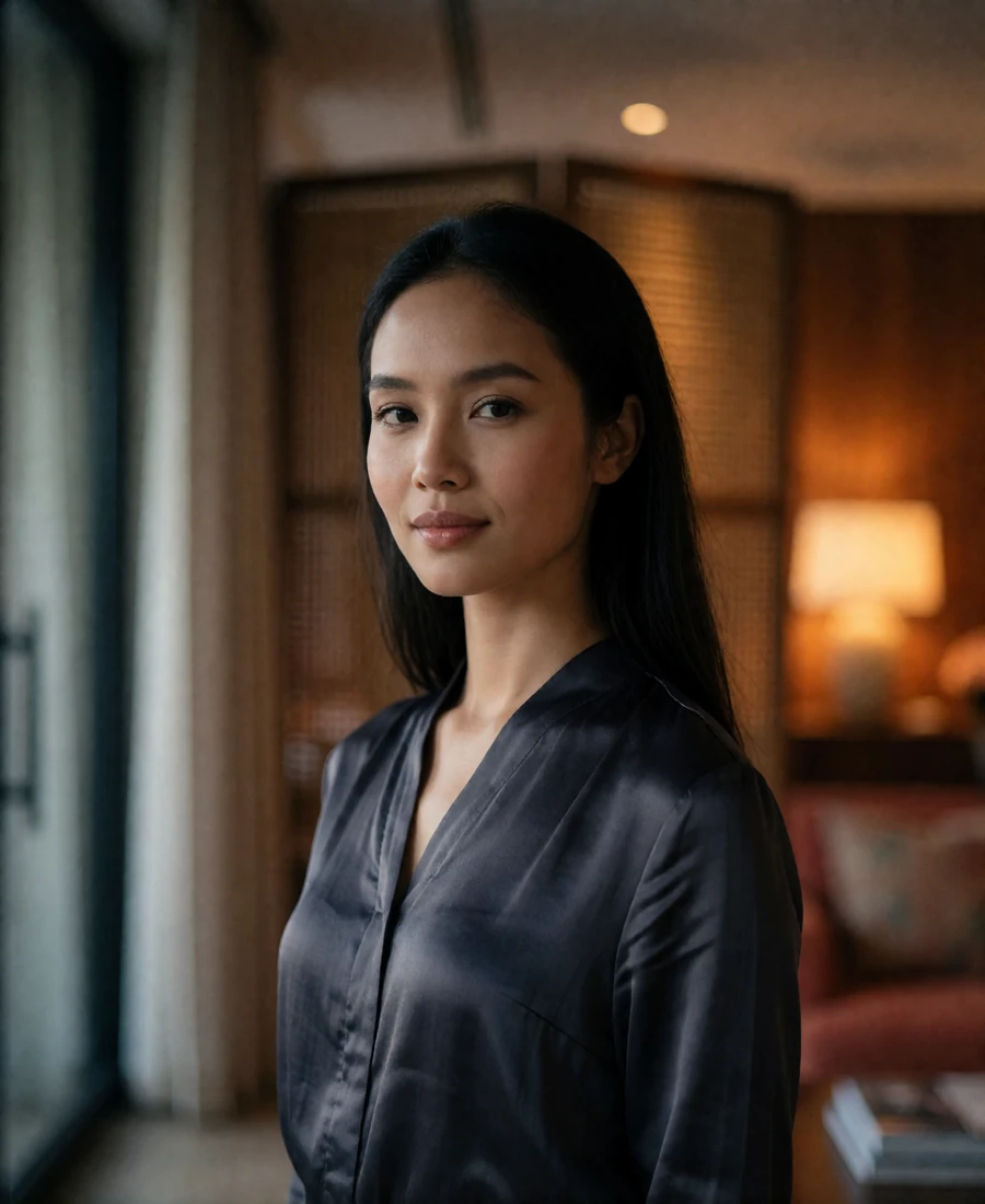 Poised Laotian woman in a charcoal silk blouse standing in a warmly lit hotel lounge, an example of a verified dating profile portrait