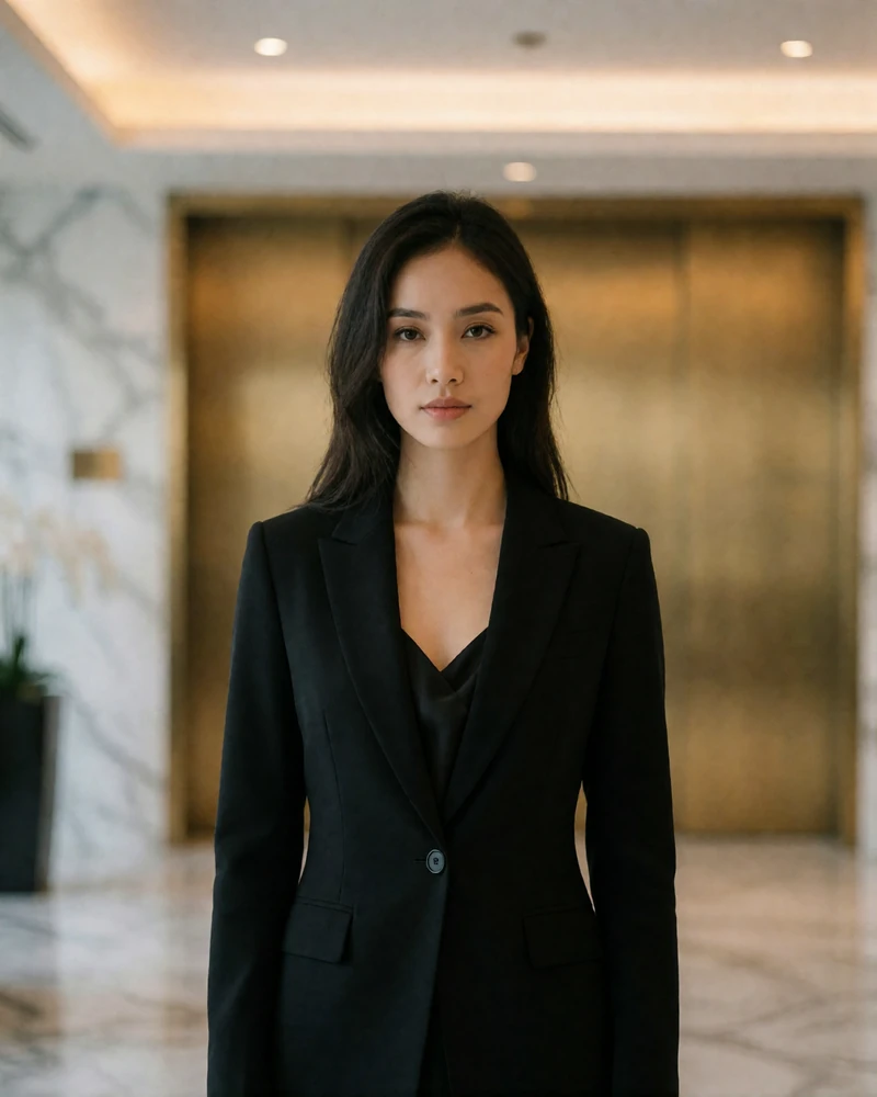 Cambodian woman in a tailored black blazer in a marble hotel lobby, poised portrait illustrating a verified Khmer dating profile