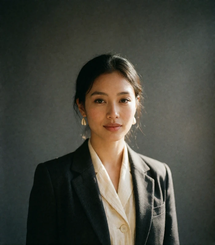 Burmese woman in a tailored dark blazer against a plain grey backdrop, professional Burmese dating profile portrait