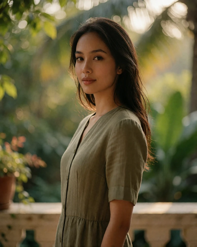 Cambodian woman in an olive linen dress on a shaded garden terrace, candid Khmer dating profile photography