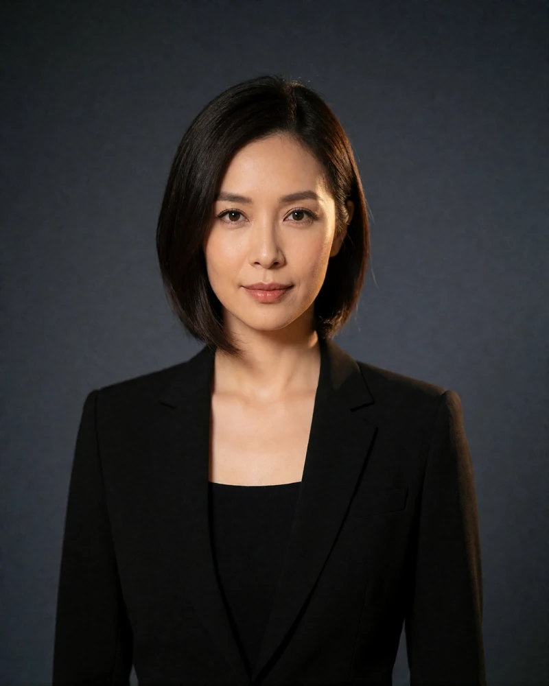 Taiwanese woman in a tailored black blazer photographed against a smooth grey studio backdrop