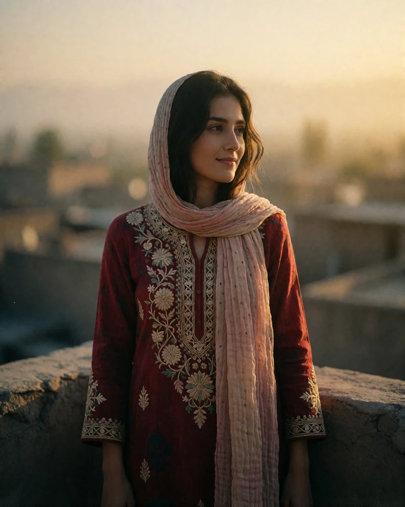 Woman in a crimson embroidered tunic on a shaded terrace at golden hour, illustrating profile photography reviewed for Afghan dating platforms