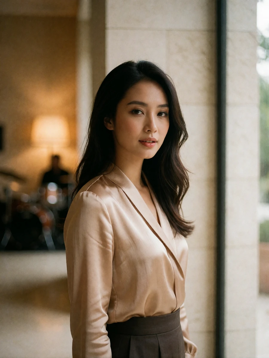 Thai woman in a champagne silk blouse standing in a softly lit upscale interior, an example of a verified Thai dating profile portrait