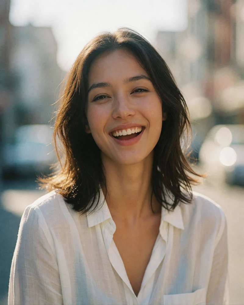 Indonesian woman laughing softly on a sunlit urban street, candid daylight portrait for an Indonesian dating profile