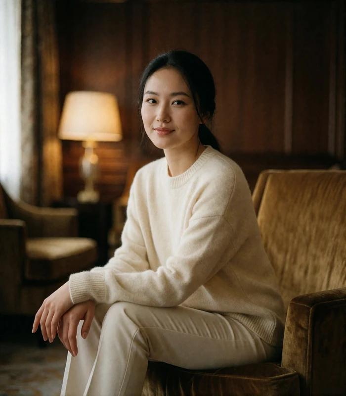 Mongolian woman in a cream cashmere sweater seated in a hotel lounge armchair, an example of a Mongolian dating profile