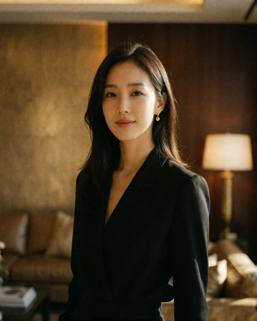 Poised Korean woman in a tailored black blouse in a warmly lit Seoul apartment lounge, an example of a verified Korean dating profile portrait