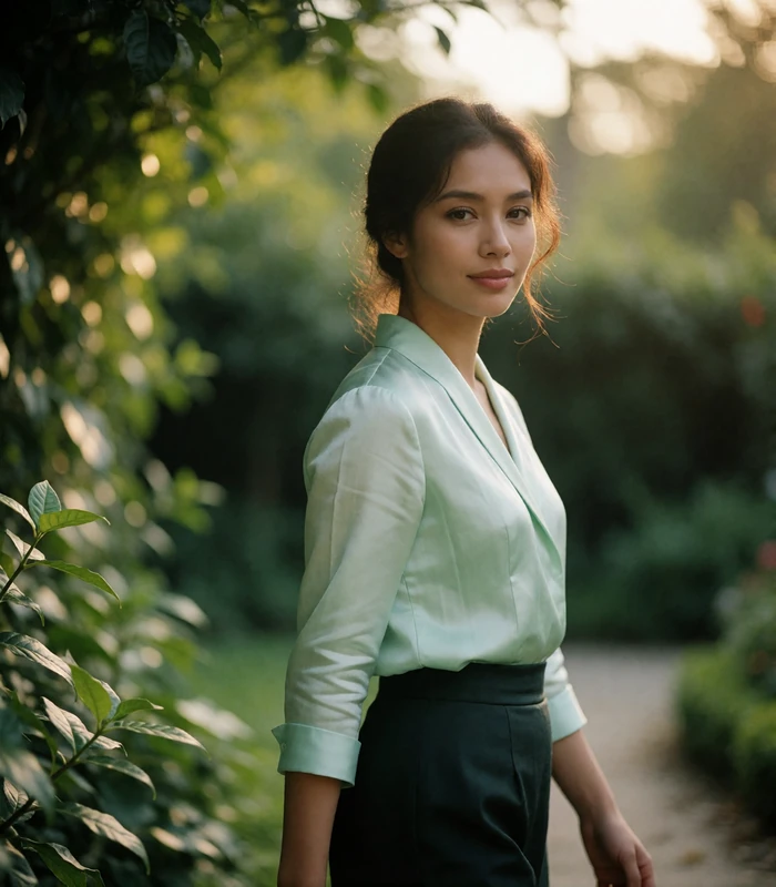 Burmese woman in a pale mint silk blouse walking along a garden path, natural lifestyle photography for Burmese dating