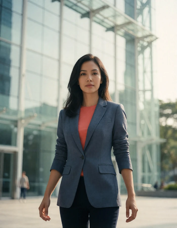 Singaporean woman in a tailored slate blazer standing on a shaded city plaza, professional Singaporean dating profile photograph