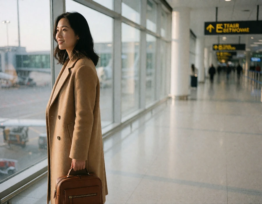 Asian woman in a camel coat waiting near a window in an airport departure lounge before a long-distance relationship visit