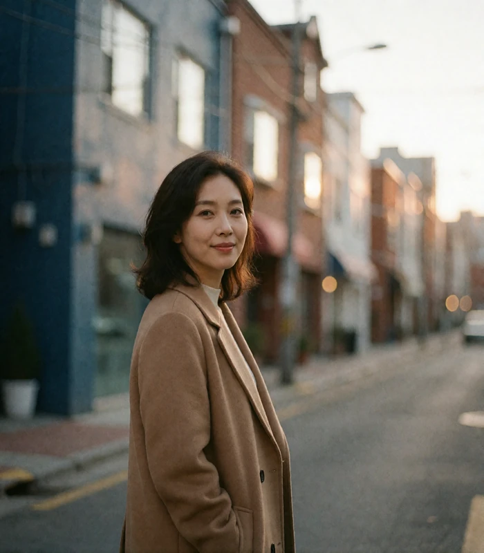 Korean woman in a camel coat on a quiet city street at dusk, turning toward the camera with a subtle smile