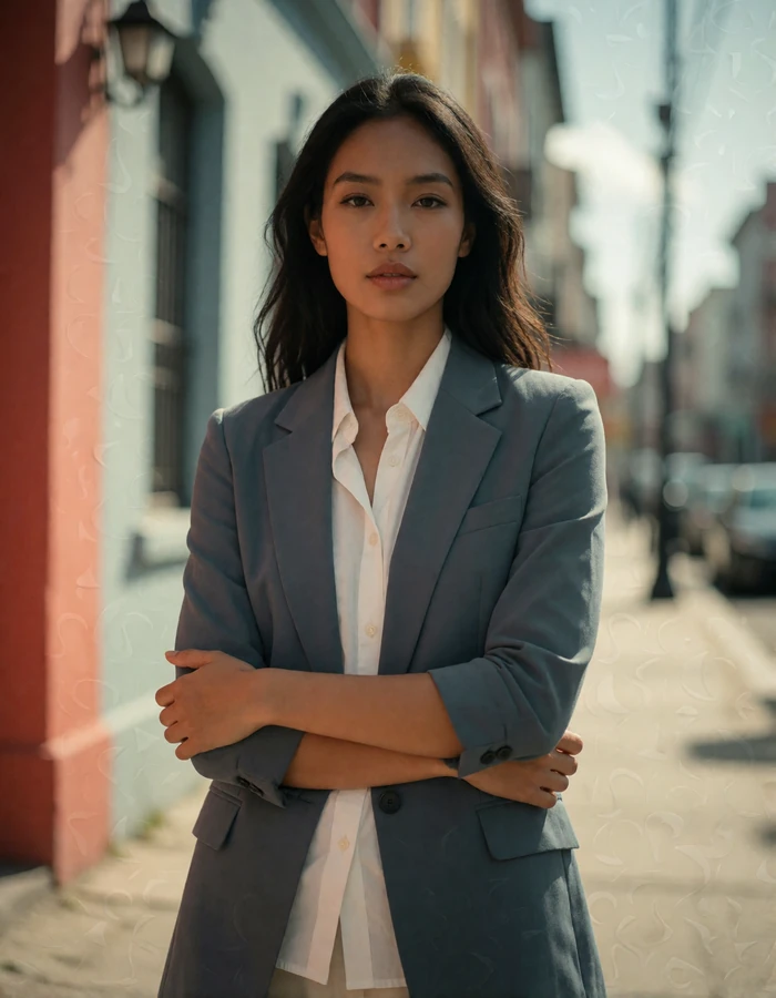 Southeast Asian woman in a slate blazer standing confidently on a shaded city sidewalk, professional dating profile photo