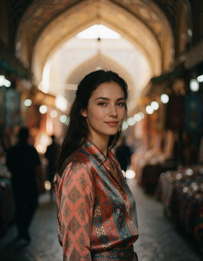 Tajik woman in a patterned silk blouse in a softly lit covered bazaar corridor, candid Tajik dating profile photography