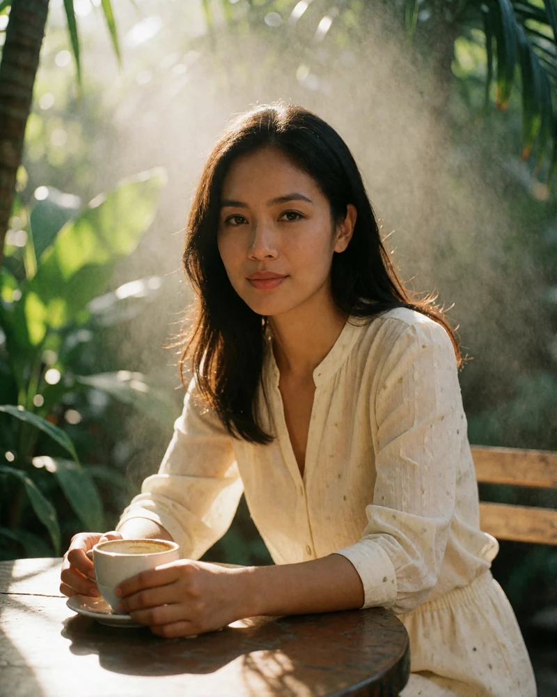 Filipina woman in a cream blouse seated at a small garden café table, evening portrait for a verified Filipino dating profile