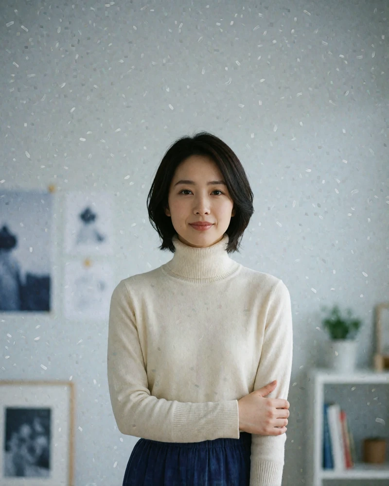 Japanese woman in a cream turtleneck in a bright minimalist interior, an example of a photo-verified Japanese dating profile