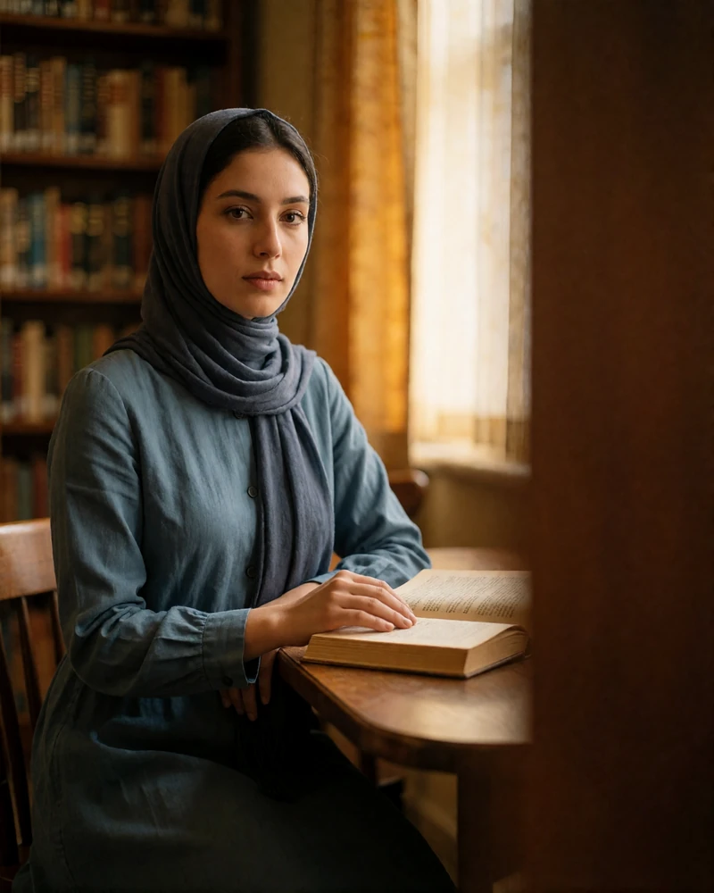 Woman in a slate-blue modest dress seated at a reading table in a quiet library, illustrating profile photography reviewed for Afghan dating platforms