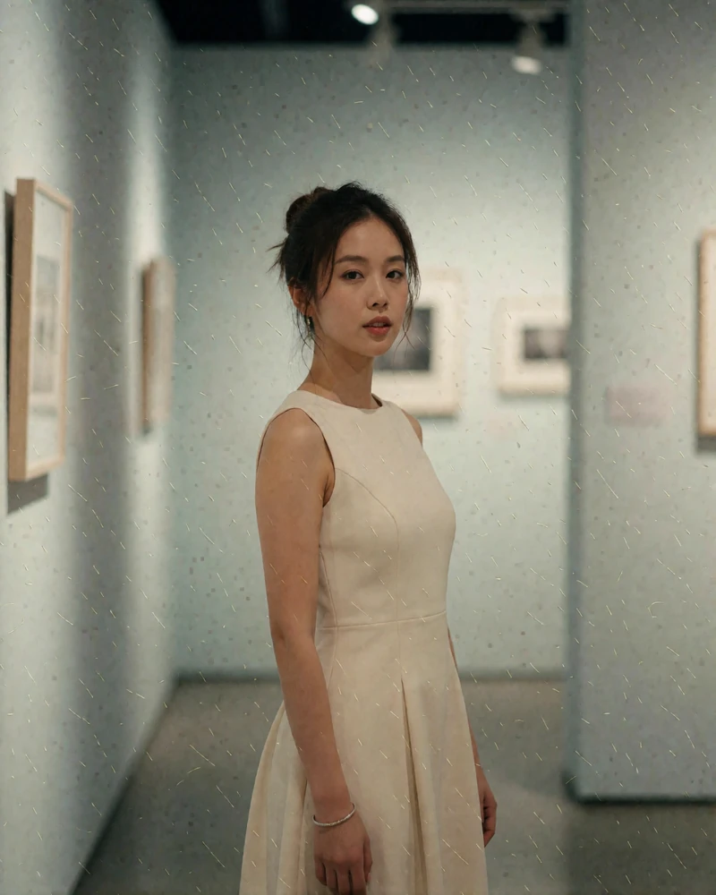 Taiwanese woman in a cream sleeveless dress in a minimal exhibition corridor, an example of a verified profile